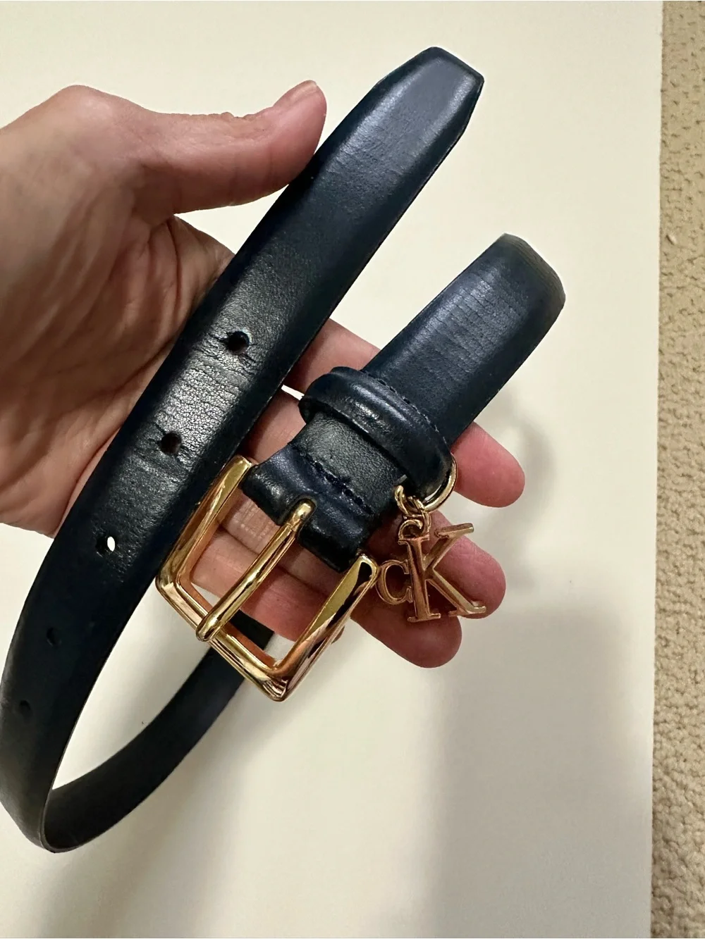 Calvin Klein CK Navy blue Genuine Leather 1” wide Belt with Gold CK charm